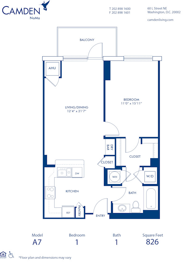Blueprint of A7 Floor Plan, 1 Bedroom and 1 Bathroom at Camden NoMa Apartments in Washington, DC