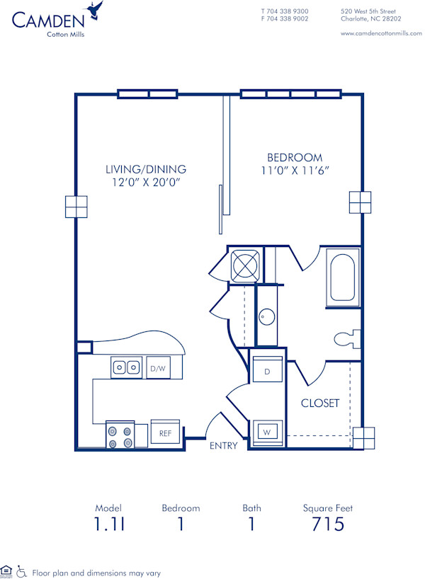 Blueprint of 1.1I Floor Plan, 1 Bedroom and 1 Bathroom at Camden Cotton Mills Apartments in Charlotte, NC