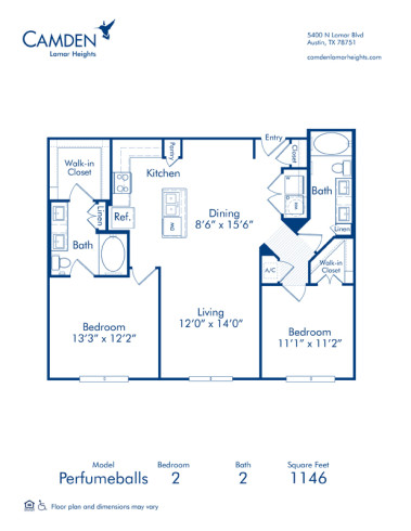 Blueprint of Perfumeballs Floor Plan, 2 Bedrooms and 2 Bathrooms at Camden Lamar Heights Apartments in Austin, TX