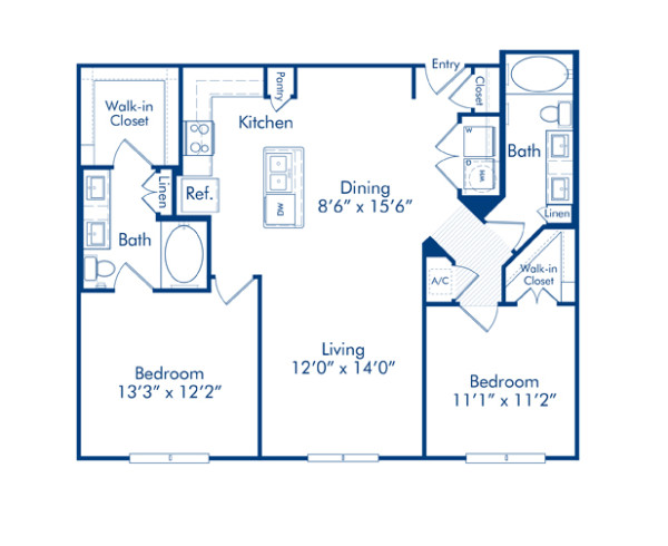 Blueprint of Perfumeballs Floor Plan, 2 Bedrooms and 2 Bathrooms at Camden Lamar Heights Apartments in Austin, TX