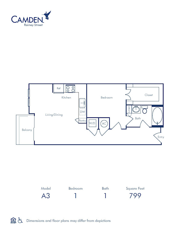 Camden Rainey Street apartments in Austin, TX one bedroom floor plan A3