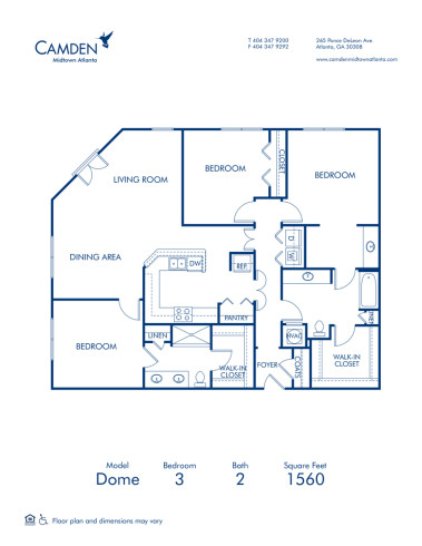 Blueprint of Dome Floor Plan, 3 Bedrooms and 2 Bathrooms at Camden Midtown Atlanta Apartments in Atlanta, GA