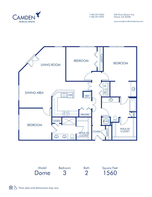 Blueprint of Dome Floor Plan, 3 Bedrooms and 2 Bathrooms at Camden Midtown Atlanta Apartments in Atlanta, GA