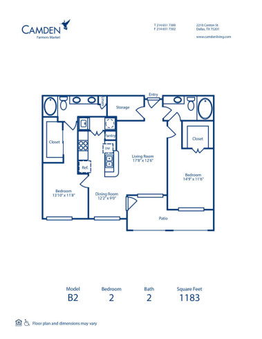 Blueprint of B2 Floor Plan, 2 Bedrooms and 2 Bathrooms at Camden Farmers Market Apartments in Dallas, TX