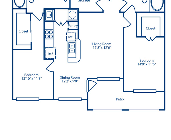 Blueprint of B2 Floor Plan, 2 Bedrooms and 2 Bathrooms at Camden Farmers Market Apartments in Dallas, TX