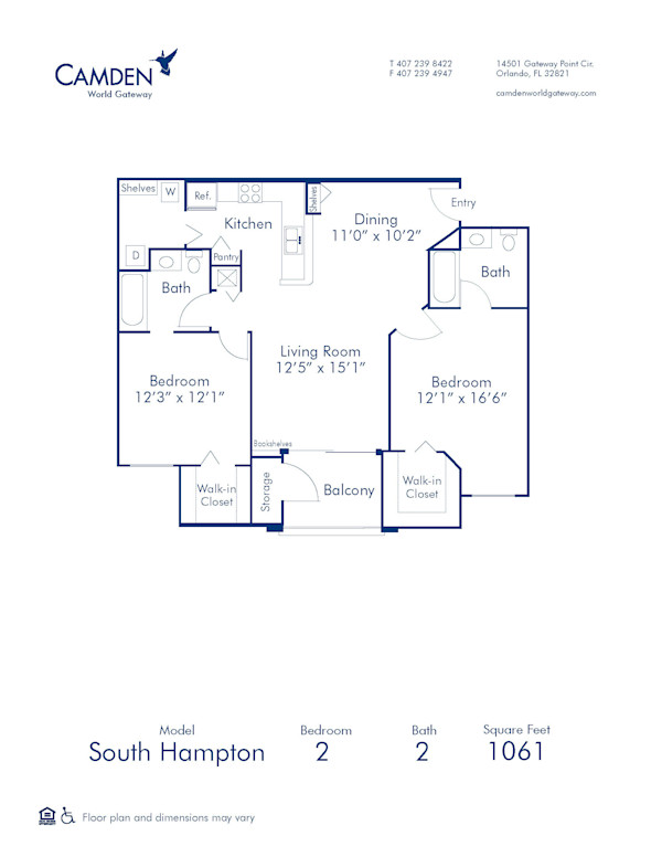 Blueprint of South Hampton Floor Plan, Apartment Home with 2 Bedrooms and 2 Bathrooms at Camden World Gateway in Orlando, FL