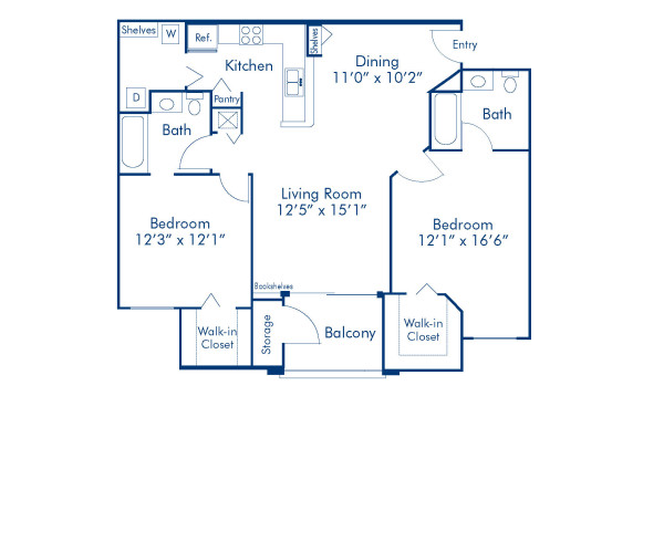 Blueprint of South Hampton Floor Plan, Apartment Home with 2 Bedrooms and 2 Bathrooms at Camden World Gateway in Orlando, FL