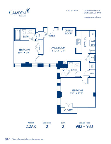 Blueprint of 2.2AK Floor Plan, 2 Bedrooms and 2 Bathrooms at Camden Roosevelt Apartments in Washington, DC