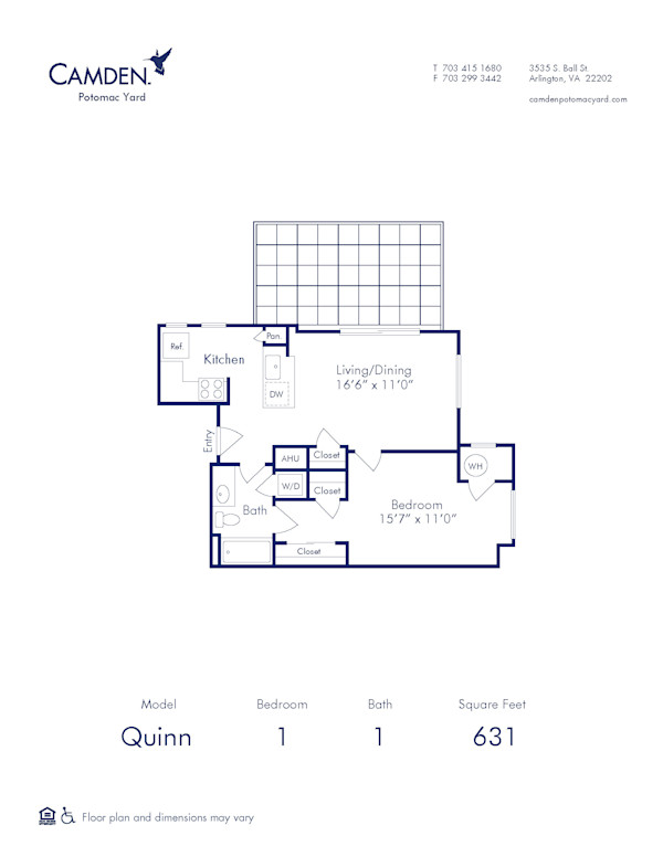 Blueprint of Quinn Floor Plan, 1 Bedroom and 1 Bathroom at Camden Potomac Yard Apartments in Arlington, VA