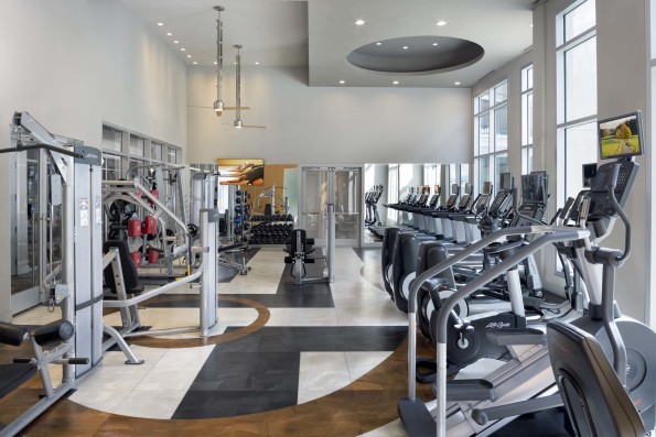 The Terrace 24-hour Fitness Center with free weights and cardio equipment 