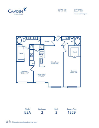 Blueprint of B2A Floor Plan, 2 Bedrooms and 2 Bathrooms at Camden Farmers Market Apartments in Dallas, TX