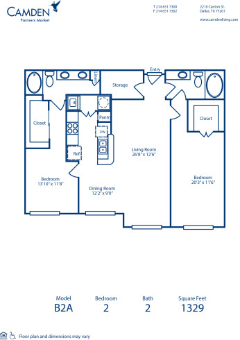 Blueprint of B2A Floor Plan, 2 Bedrooms and 2 Bathrooms at Camden Farmers Market Apartments in Dallas, TX