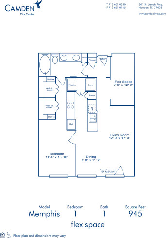 Blueprint of Memphis Floor Plan, 1 Bedroom and 1 Bathroom at Camden City Centre Apartments in Houston, TX
