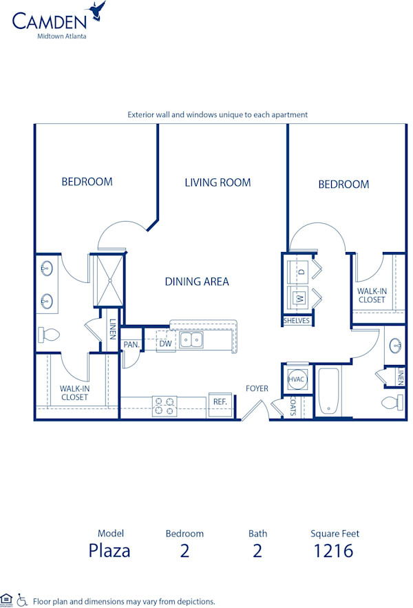 Blueprint of Plaza Floor Plan, 2 Bedrooms and 2 Bathrooms at Camden Midtown Atlanta Apartments in Atlanta, GA