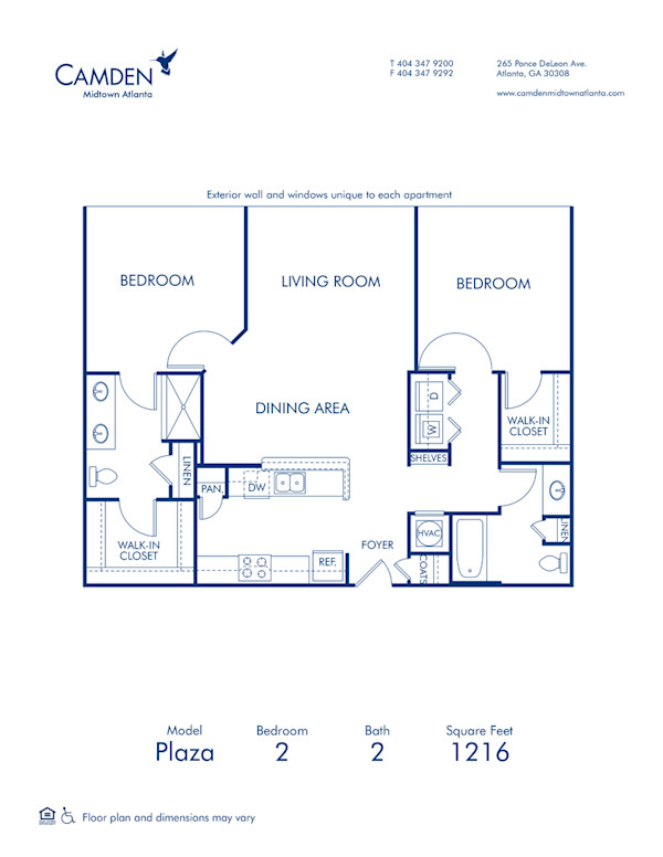 Blueprint of Plaza Floor Plan, 2 Bedrooms and 2 Bathrooms at Camden Midtown Atlanta Apartments in Atlanta, GA