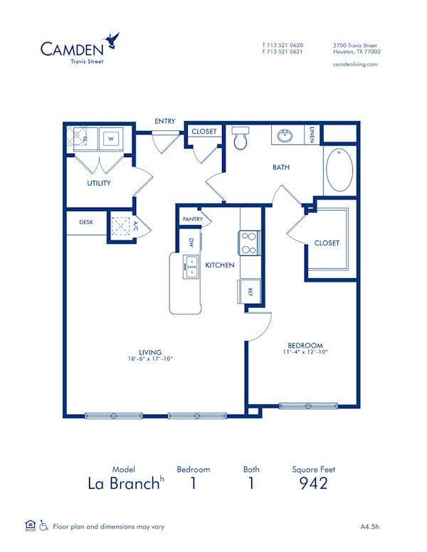 Blueprint of La Branch 5H Floor Plan, 1 Bedroom and 1 Bathroom at Camden Travis Street Apartments in Houston, TX