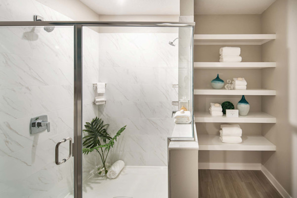 Bathroom with stand-up shower at Camden Clearwater apartments in Clearwater, FL