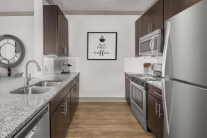 Kitchen with granite countertops, hardwood-style flooring, and dark wood cabinets. 