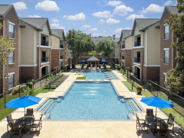 Aerial view of Pool 2 at Camden Farmers Market apartments in Dallas, TX