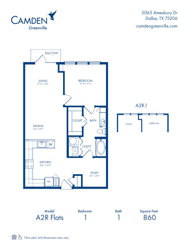 Camden Greenville Apartments, Dallas, TX, A2R Flats Floor Plan, One Bedroom-One Bathroom