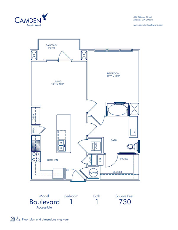 Blueprint of Boulevard Floor Plan, 1 Bedroom and 1 Bathroom at Camden Fourth Ward Apartments in Atlanta, GA