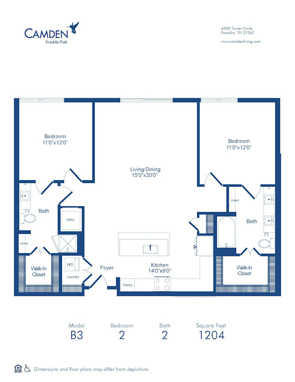 Floor Plan B3 two bedroom at Camden Franklin Park in Franklin, TN