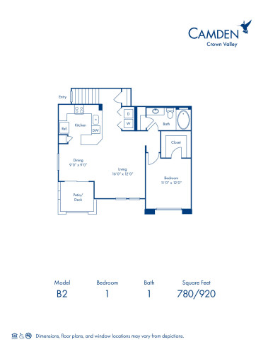 Blueprint of B 2 Floor Plan, 1 Bedroom and 1 Bathroom at Camden Crown Valley Apartments in Mission Viejo, CA