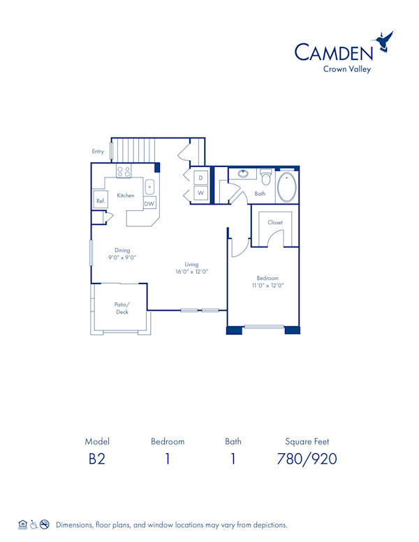 Blueprint of B 2 Floor Plan, 1 Bedroom and 1 Bathroom at Camden Crown Valley Apartments in Mission Viejo, CA