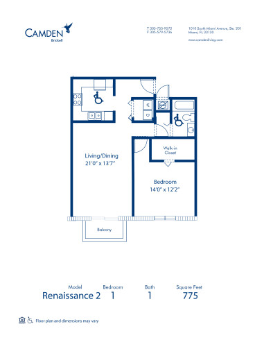 Blueprint of Renaissance 2 Floor Plan, 1 Bedroom and 1 Bathroom at Camden Brickell Apartments in Miami, FL