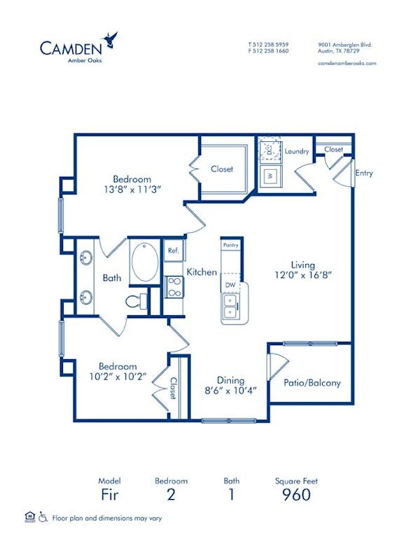 Blueprint of Fir Floor Plan, 2 Bedrooms and 1 Bathroom at Camden Amber Oaks Apartments in Austin, TX