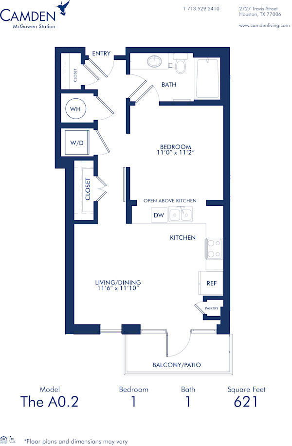 Blueprint of A0.2 Floor Plan, Studio and One Bathroom Apartment at Camden McGowen Station Apartments in Midtown Houston, TX