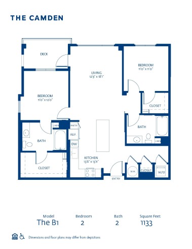 Blueprint of B1 Floor Plan, 2 Bedroom and 2 Bathroom Apartment Home at The Camden in Hollywood, CA