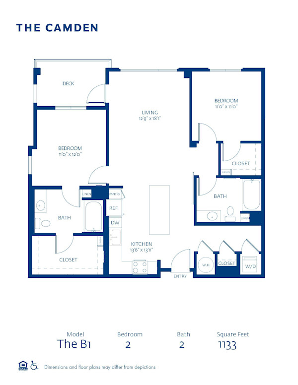Blueprint of B1 Floor Plan, 2 Bedroom and 2 Bathroom Apartment Home at The Camden in Hollywood, CA