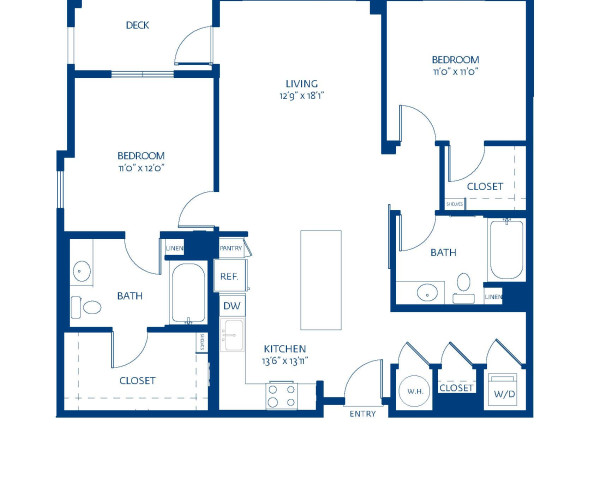 Blueprint of B1 Floor Plan, 2 Bedroom and 2 Bathroom Apartment Home at The Camden in Hollywood, CA