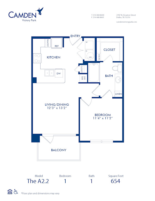 Blueprint of A2.2 Floor Plan, 1 Bedroom and 1 Bathroom at Camden Victory Park Apartments in Dallas, TX