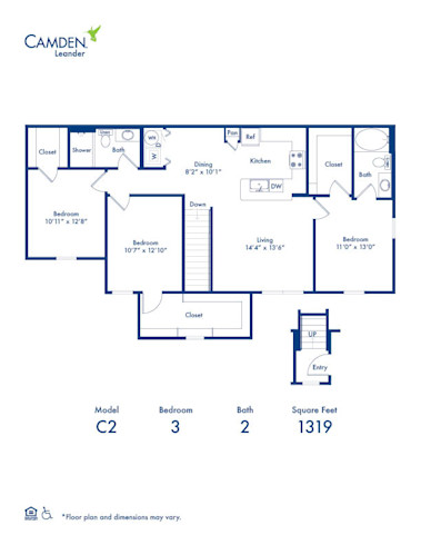 C2 floor plan at Camden Leander apartment homes in Leander, TX - a 3 bed x 2 bath apartment home