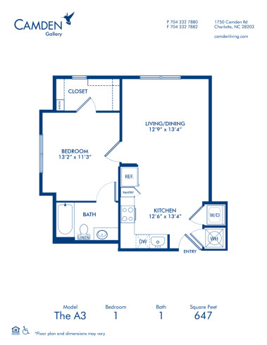 Blueprint of A3 Floor Plan, Apartment Home with 1 Bedroom and 1 Bathroom at Camden Gallery in Charlotte, NC