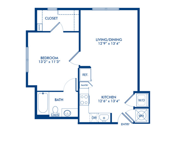 Blueprint of A3 Floor Plan, Apartment Home with 1 Bedroom and 1 Bathroom at Camden Gallery in Charlotte, NC