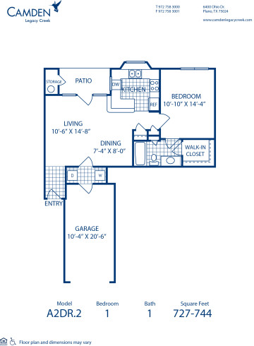 Blueprint of A2DR.2 Floor Plan, 1 Bedroom and 1 Bathroom at Camden Legacy Creek Apartments in Plano, TX