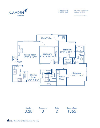 Blueprint of 3.2B Floor Plan, 3 Bedrooms and 2 Bathrooms at Camden Silo Creek Apartments in Ashburn, VA