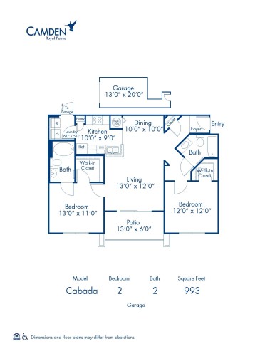 Cabada, G Floor Plan, Apartment Home with 2 Bedrooms and 2 Bathrooms and Attached Garage at Camden Royal Palms in Brandon, FL