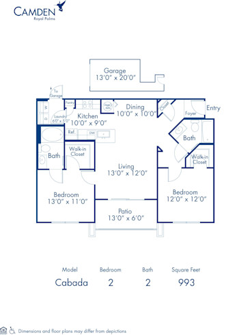 Cabada, G Floor Plan, Apartment Home with 2 Bedrooms and 2 Bathrooms and Attached Garage at Camden Royal Palms in Brandon, FL