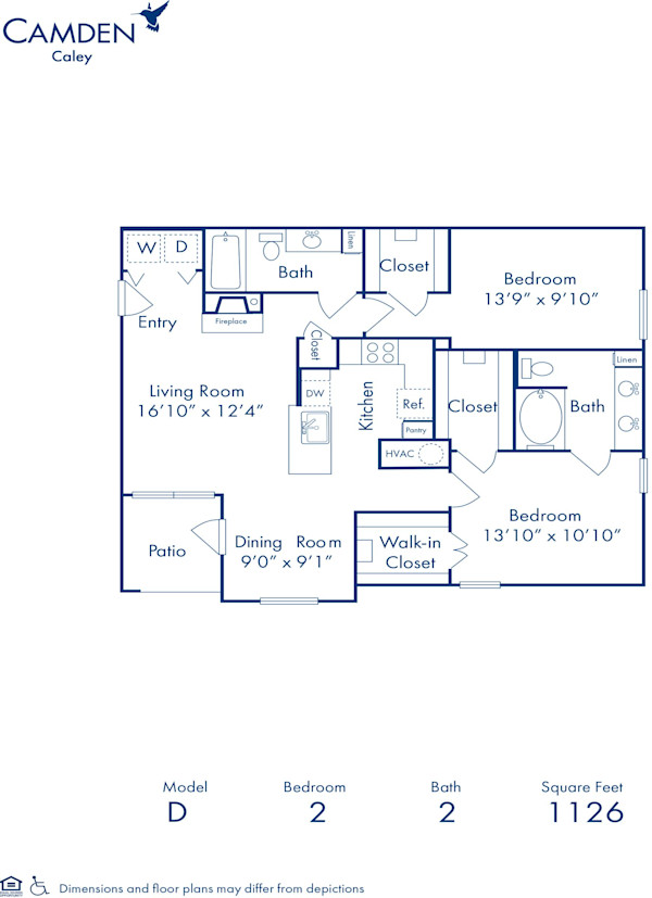 Blueprint of D Floor Plan, 2 Bedrooms and 2 Bathrooms at Camden Caley Apartments in Englewood, CO