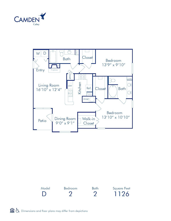 Blueprint of D Floor Plan, 2 Bedrooms and 2 Bathrooms at Camden Caley Apartments in Englewood, CO