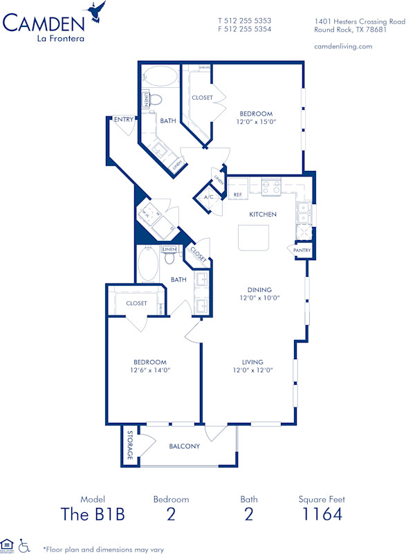 Blueprint of B1B Floor Plan, 2 Bedrooms and 2 Bathrooms at Camden La Frontera Apartments in Round Rock, TX