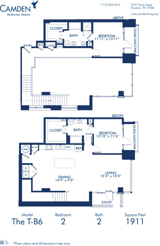 Blueprint of T-B6 Floor Plan at Camden McGowen Station Two Bedroom Townhomes in Midtown Houston