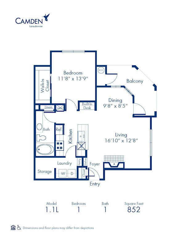 Blueprint of 1.1L Floor Plan, 1 Bedroom and 1 Bathroom at Camden Lansdowne Apartments in Lansdowne, VA