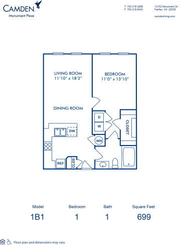 Blueprint of 1B1 Floor Plan, 1 Bedroom and 1 Bathroom at Camden Monument Place Apartments in Fairfax, VA