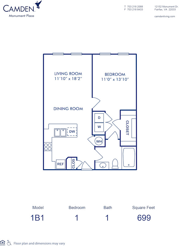 Blueprint of 1B1 Floor Plan, 1 Bedroom and 1 Bathroom at Camden Monument Place Apartments in Fairfax, VA