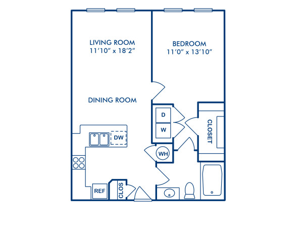 Blueprint of 1B1 Floor Plan, 1 Bedroom and 1 Bathroom at Camden Monument Place Apartments in Fairfax, VA